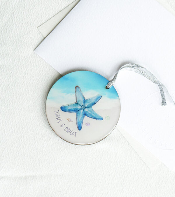 TCI blue starfish wooden ornament