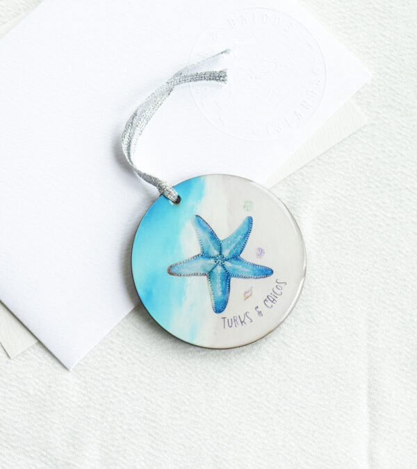 TCI blue starfish wooden ornament