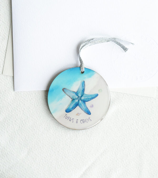 TCI blue starfish wooden ornament