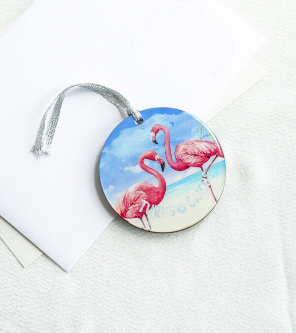 TCI pink flamingos on the beach wooden ornament