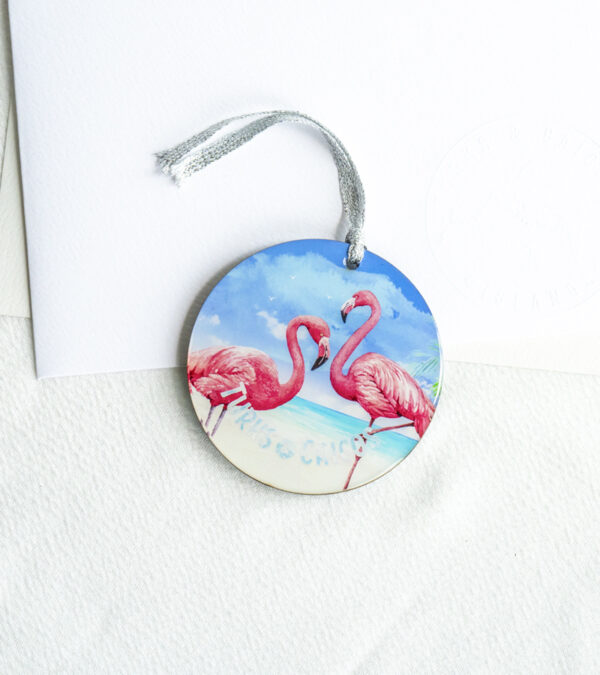 TCI pink flamingos on the beach wooden ornament