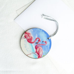 TCI pink flamingos on the beach wooden ornament