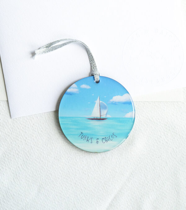 Hand-drawn turquoise water sailboat wooden ornament