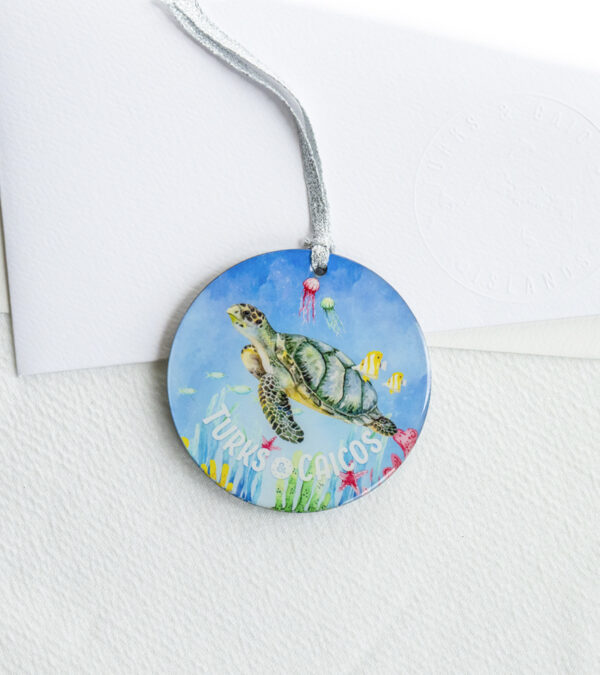 TCI turtle in coral wooden ornament