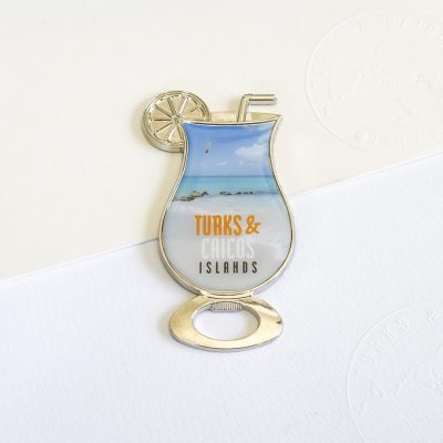 Turks & Caicos beach scene glass shape metal bottle opener