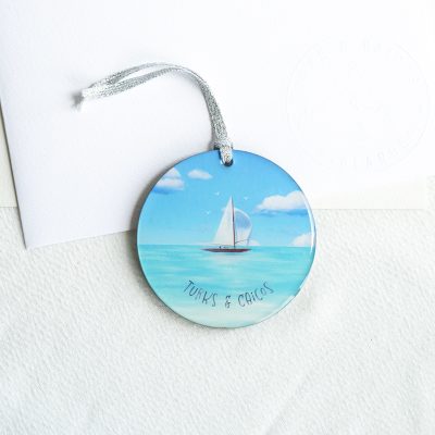 Hand-drawn turquoise water sailboat wooden ornament